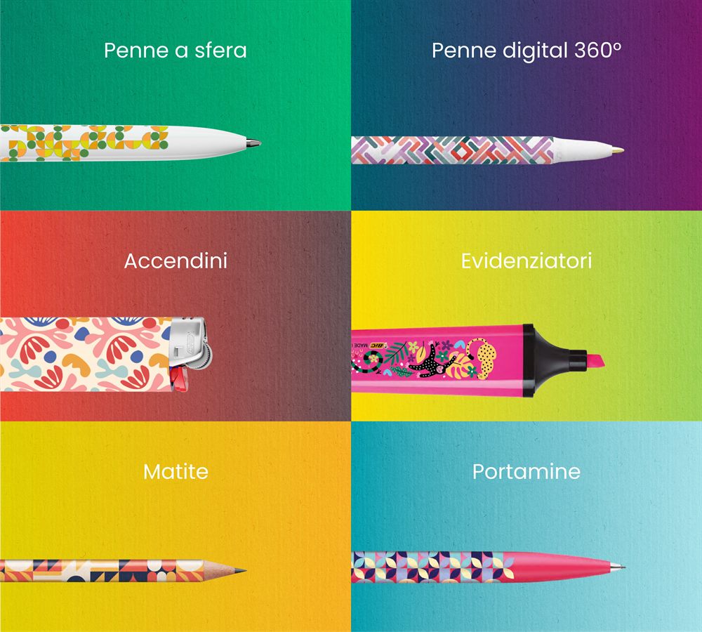 Categorie di prodotti BIC: penne a sfera, digital 360°, accendini, evidenziatori, matite, portamine